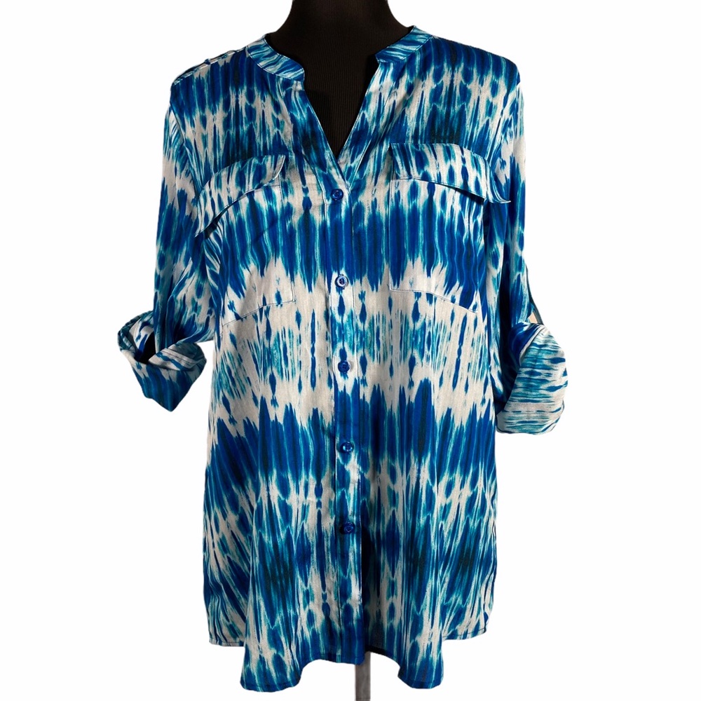 Calvin Klein Large Tarp Blouse Women Tie-Up Sleeves Blue/White Watercolor